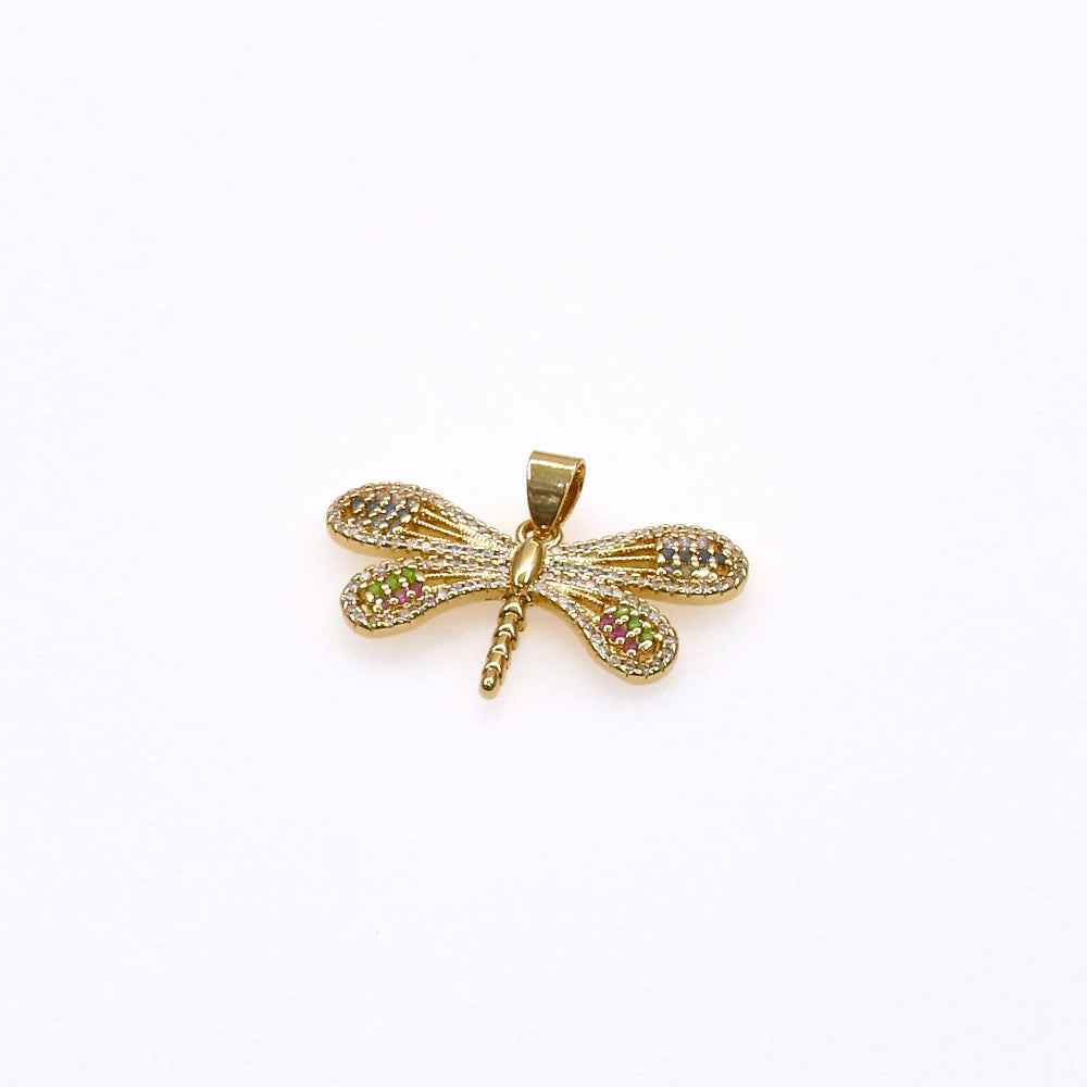 Gold dragonfly pendant with multicolored gemstones on wings.