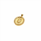 GUADALUPE CHARM gold pendant featuring Virgen Guadalupe emblem, 2cm by 3cm, elegant jewelry piece.